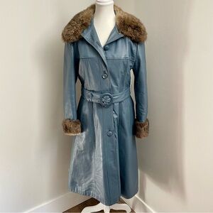 Vintage Rajac Leathers Penny Lane Fur Trim Leather Coat Longline Grey Size Small